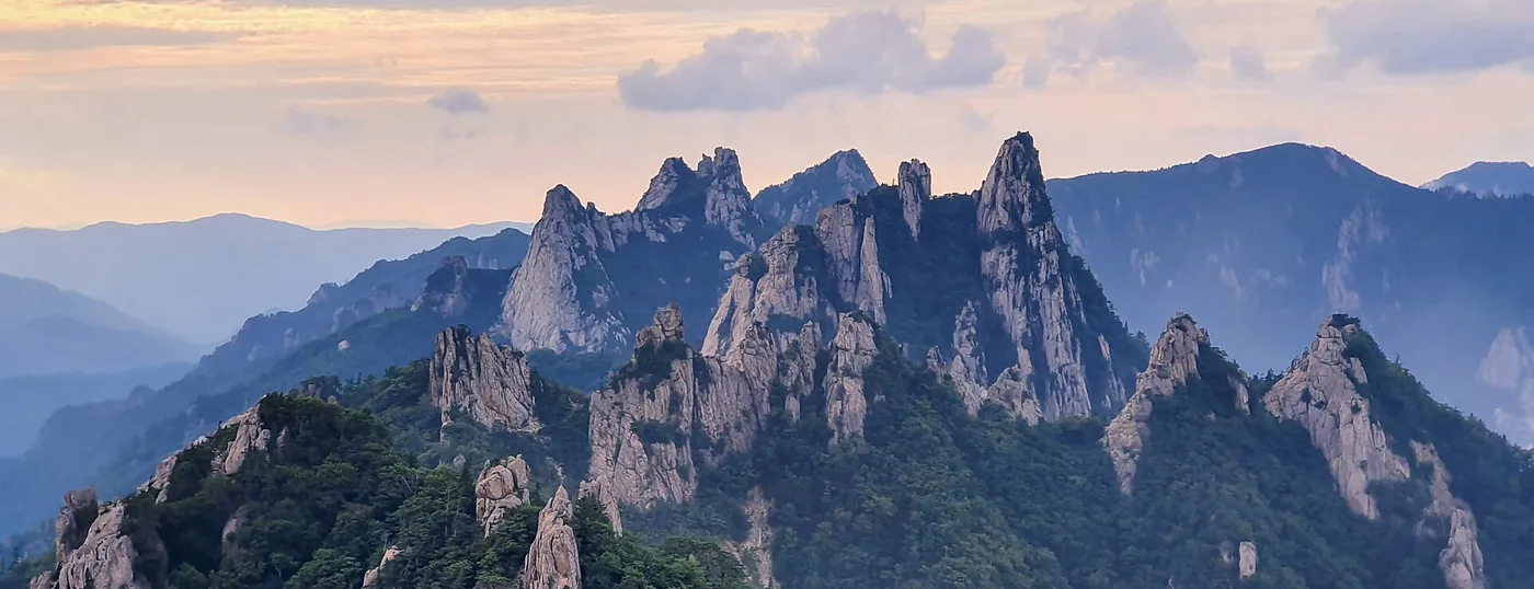 Dinosaur Ridge in Seoraksan National Park, a line of granite spires at dawn