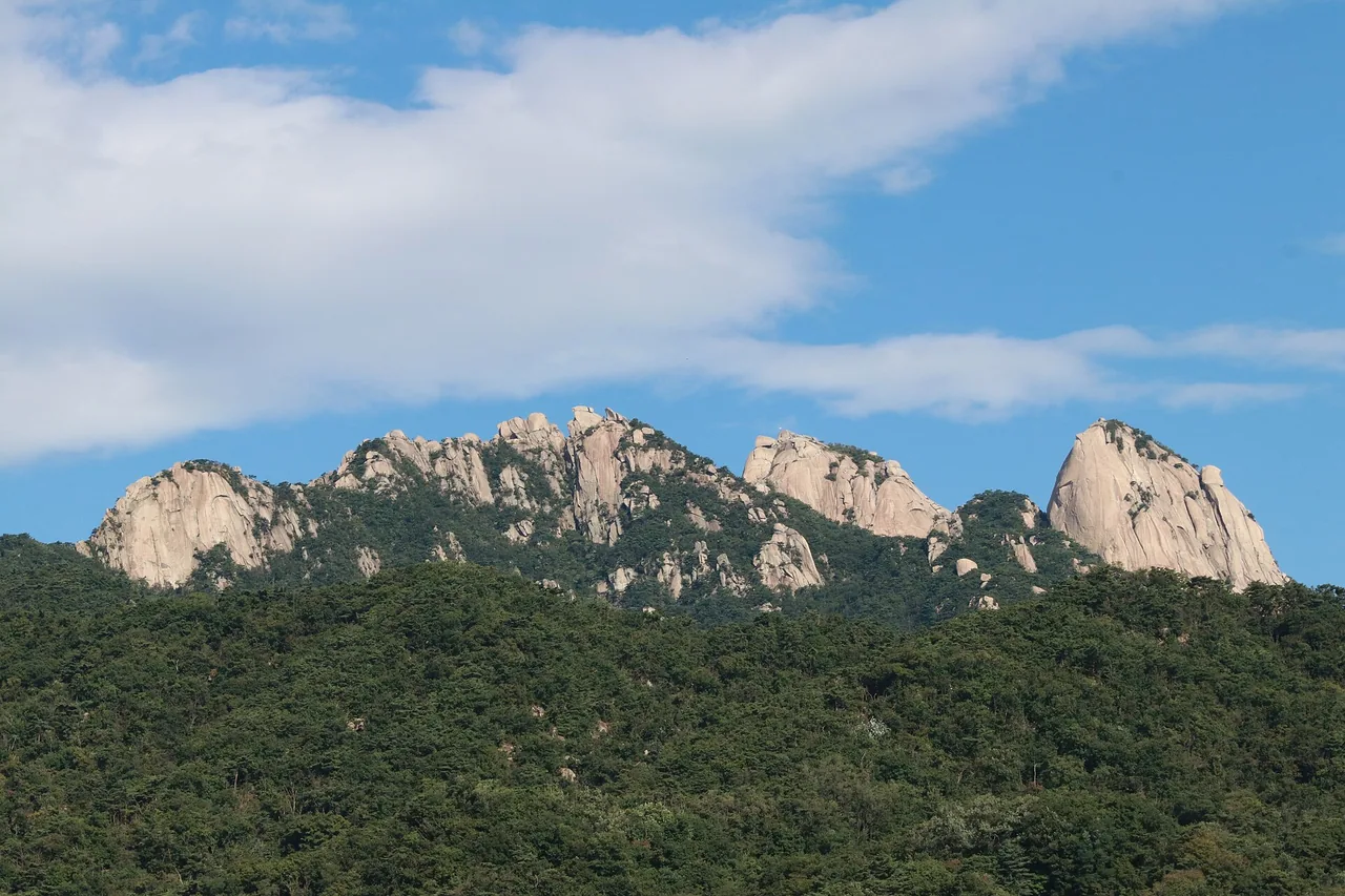 Granite peaks of Bukhansan standing above dense summer forest
