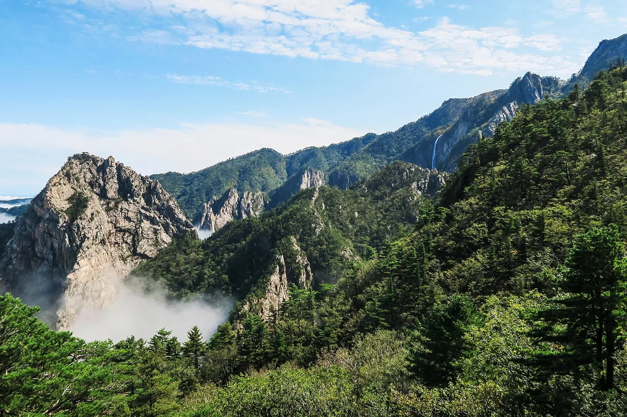 Gorge, ridges and a waterfall in Outer Seorak, Seoraksan National Park