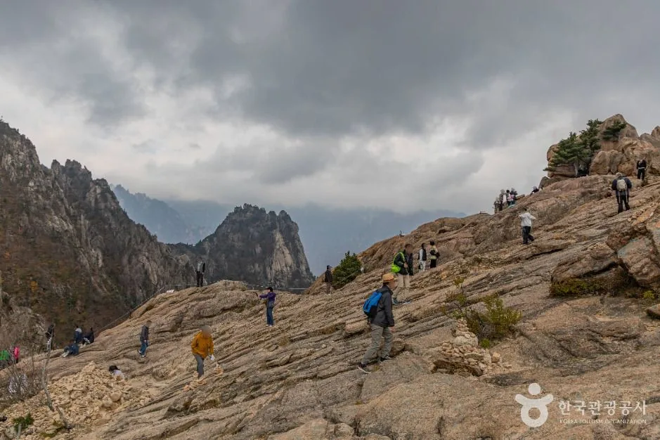 Visitors on the bare granite slabs of Gwongeumseong, Seoraksan